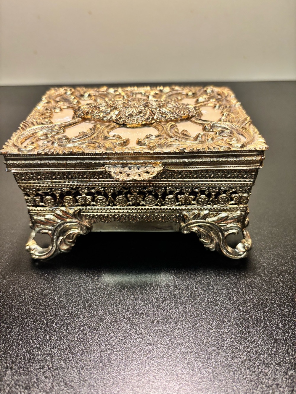 Vintage Ornate Brass Casket Jewelry Box, Mid Century French Style Trinket Box